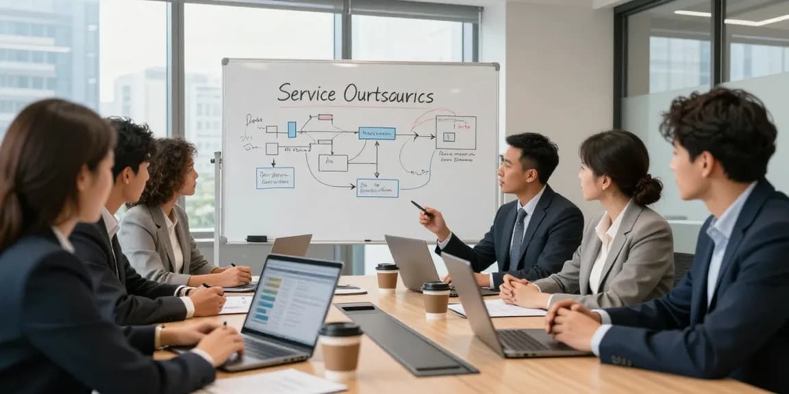 Estratégias de terceirização de serviços em reunião de negócios com equipe colaborativa.