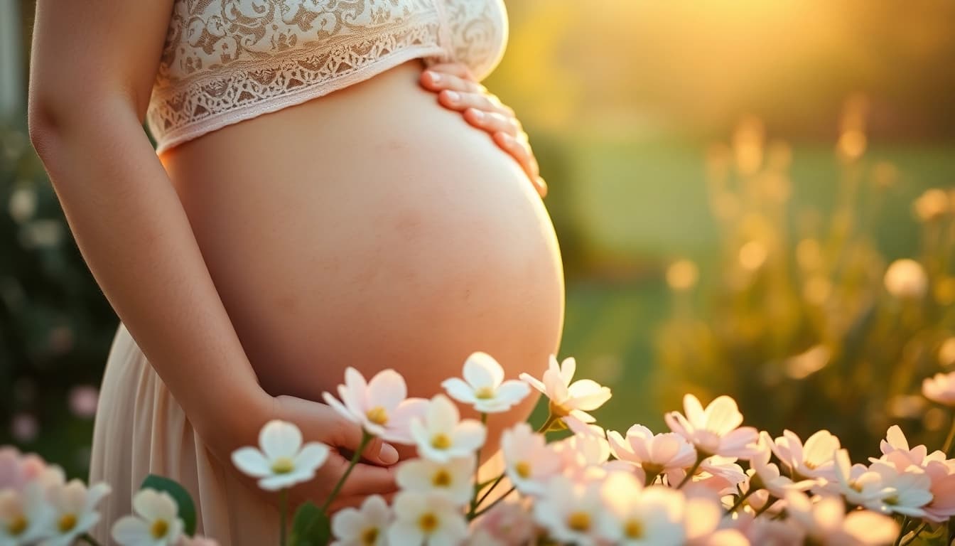 Cherishing a moment in a Babybauch Fotoshooting highlighting a glowing pregnancy glow in a serene garden.