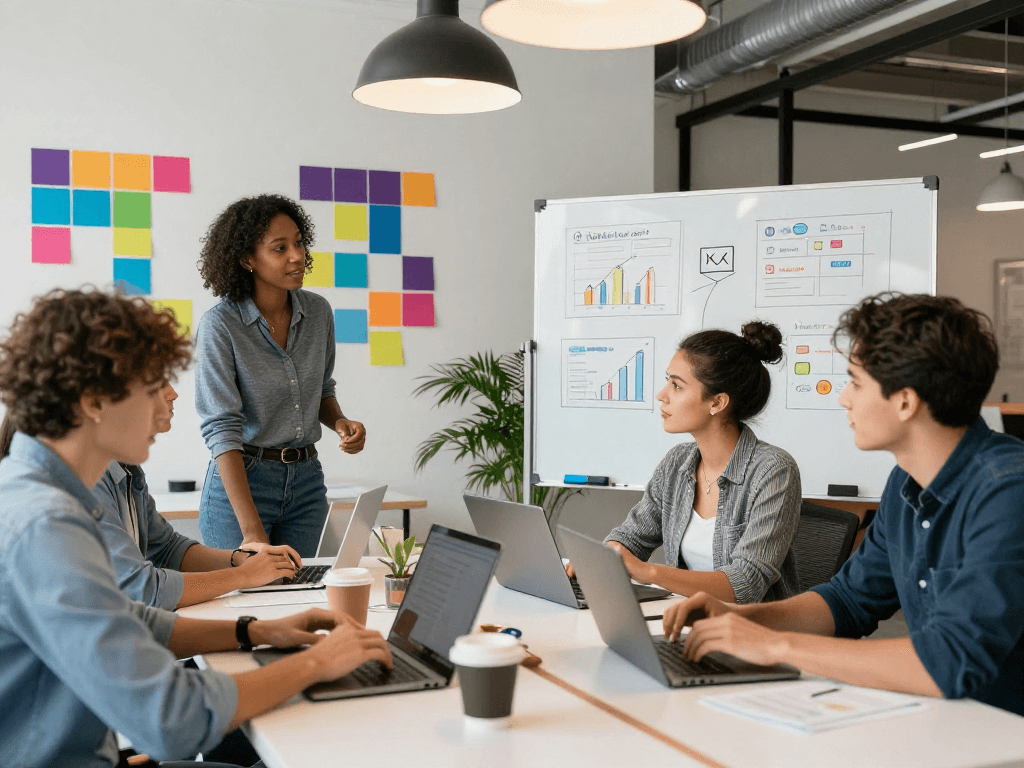 A equipe de marketing digital trabalha em estratégias multicanais em um ambiente moderno.