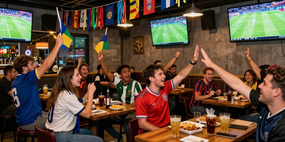 Diverse football fans enjoying the multicanais experience in a vibrant sports bar with multiple HD screens and lively atmosphere.