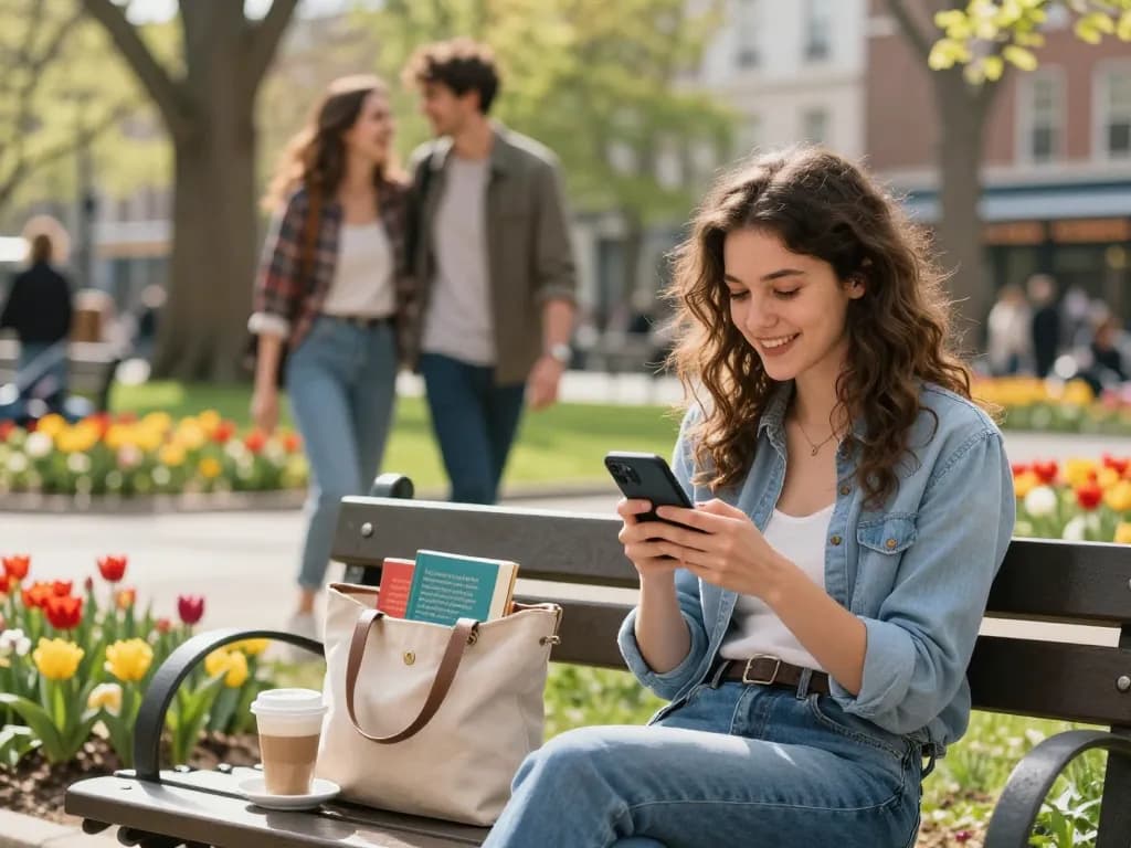 A young woman texting about a crush on a park bench surrounded by blooming flowers and cheerful spring ambiance.
