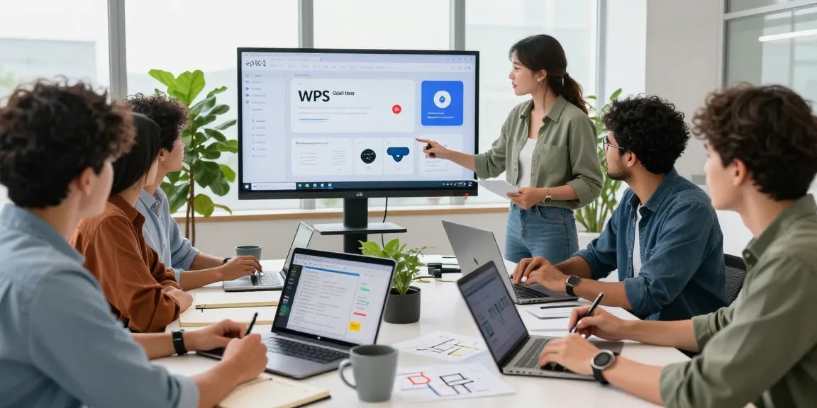 Strategic collaboration in a modern office with WPS Official Website software interfaces, highlighting teamwork and productivity.