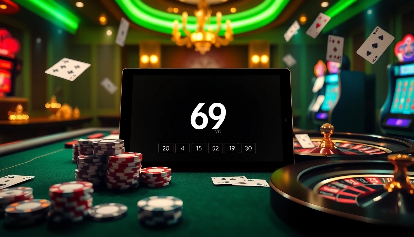The thrilling gaming experience at 69 VN, showcasing an elegant online casino interface with poker chips and cards.