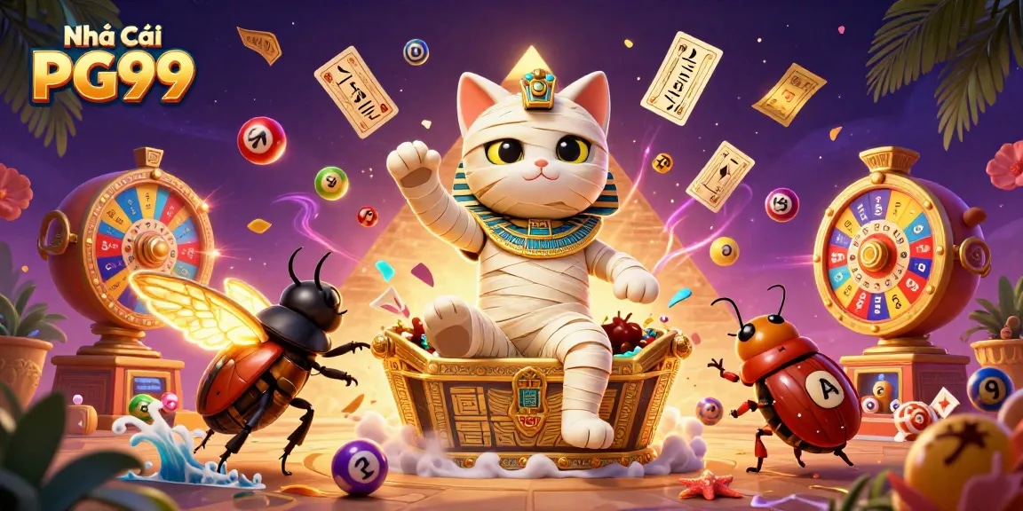 Engaging scene of the gambling platform Nhà Cái PG99 featuring a lively Egyptian mummy cat and vibrant game elements.