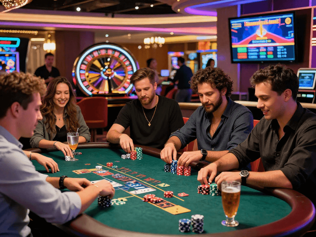 Exciting gaming scene at https://vin88-casino.games/ with players enjoying blackjack under vibrant neon lights.