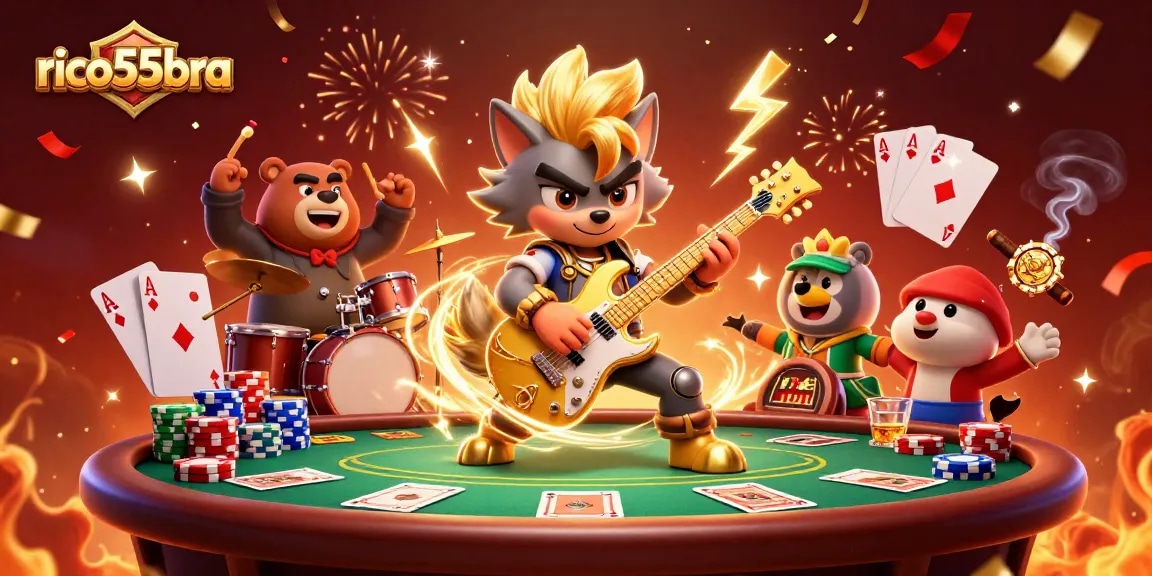 Experience thrilling action with the 3D wolf rock star at rico55bra, surrounded by colorful poker elements and dynamic casino energy.