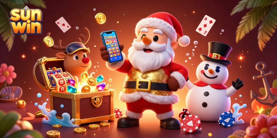Play slots to win at Sun Win with Santa, a reindeer dealer, and a poker chip snowman.