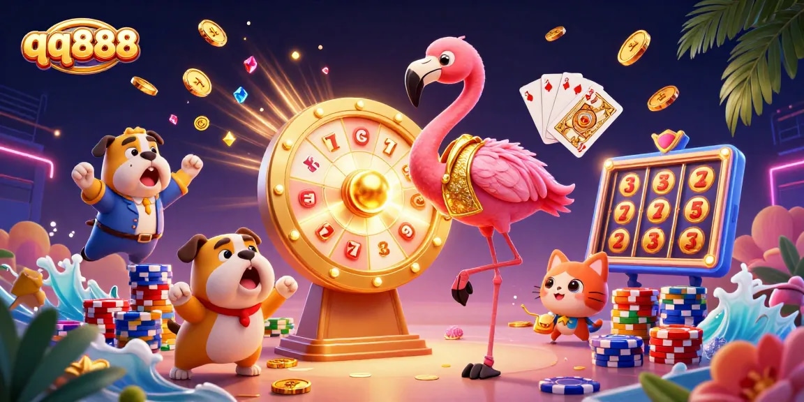 Participe de uma ação de jogo emocionante com qq888 em uma cena vibrante de cassino 3D, apresentando uma roda de prêmios dourada.
