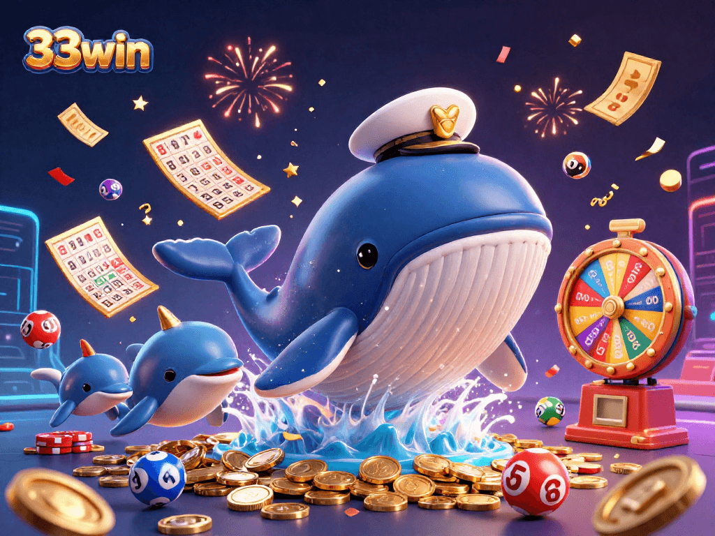 Join the excitement of 33win with a vibrant 3D illustration of a winning whale and playful dolphins!