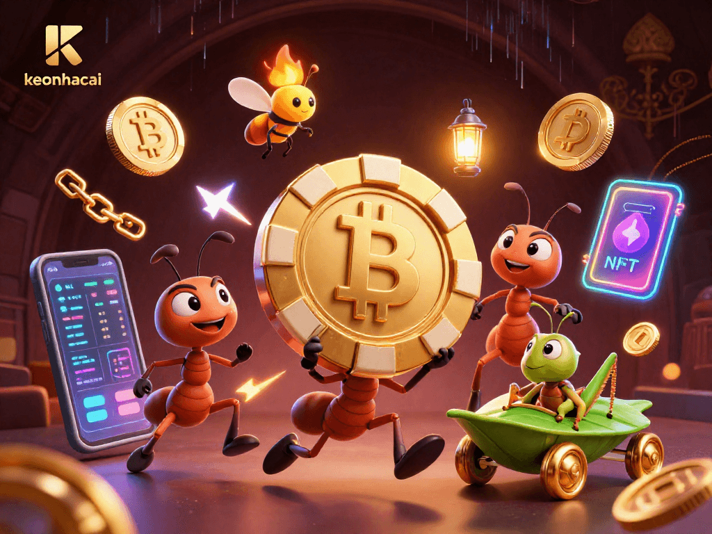 Engage in exciting gaming adventures with keonhacai through a vibrant heist scene featuring 3D cartoon ants.