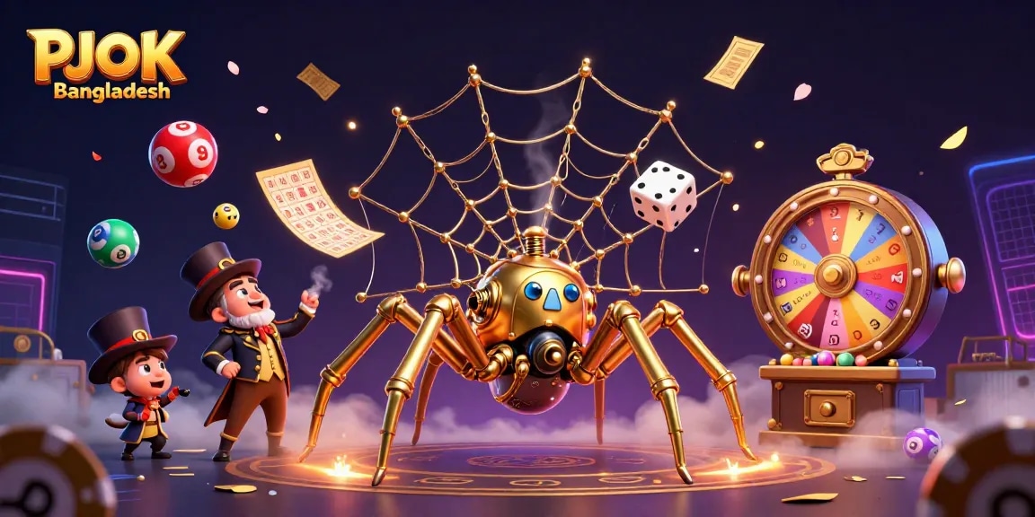 Experience exhilarating gaming action at PJOK Bangladesh with vibrant lottery elements and a captivating spider.