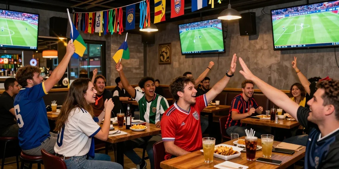 Diverse football fans enjoying the multicanais experience in a vibrant sports bar with multiple HD screens and lively atmosphere.