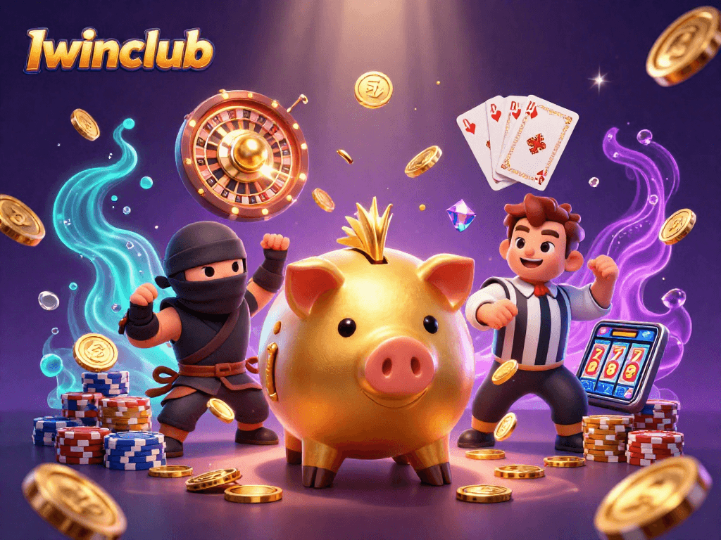 Iwinclub offers exciting casino gameplay featuring dynamic characters like a sumo wrestler, ninja, and referee surrounding various gambling elements.