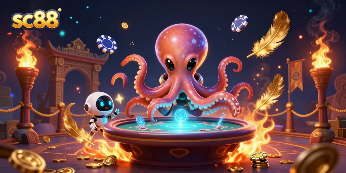 Experience thrilling gameplay with sc88 at a vibrant casino scene featuring an alien octopus and energetic visuals.