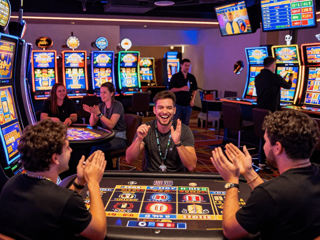 Jogadores em um cassino da spbet celebrando vitórias com luzes brilhantes e atmosfera vibrante.