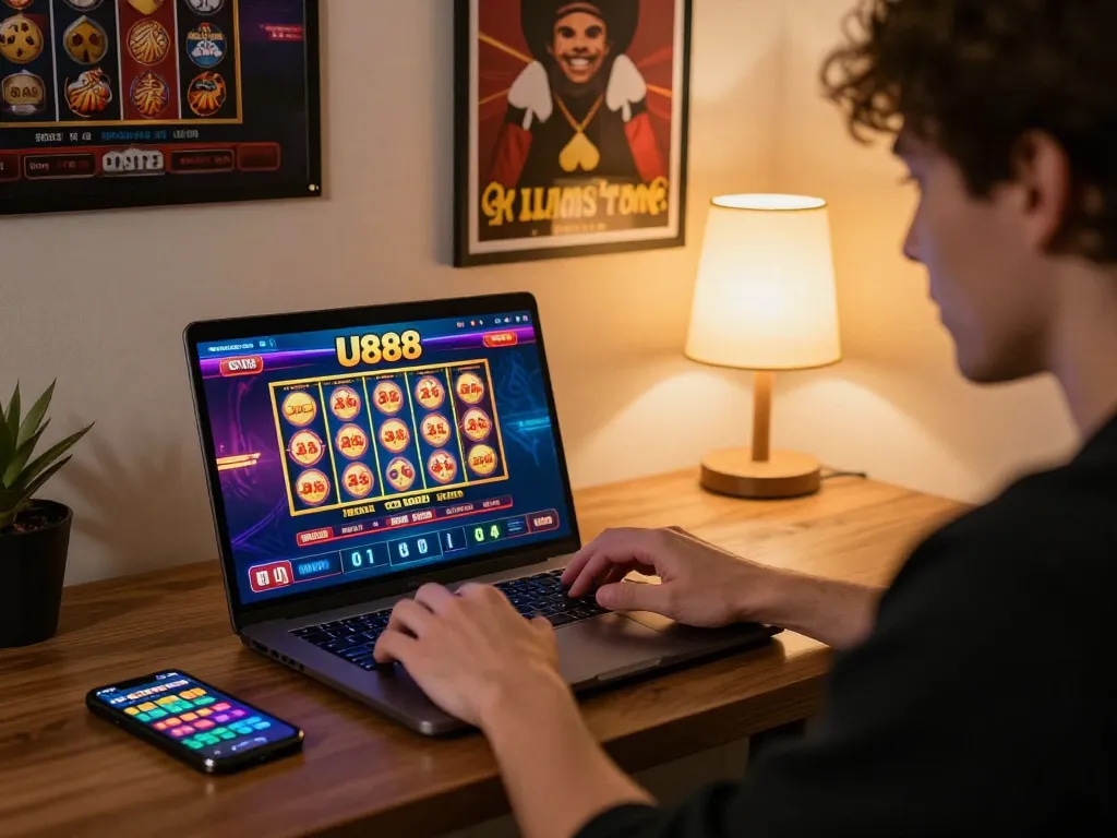 Player enjoying U888 online casino gaming at home with laptop and smartphone, strategic gameplay setup.