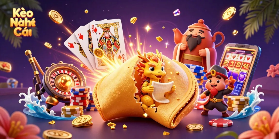 Engage with Kèo Nhà Cái to explore thrilling betting opportunities, featuring a whimsical casino scene.