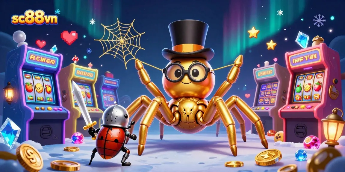 Engage with sc88vn's thrilling casino adventure featuring a golden spider and brave knight in an exciting 3D scene.