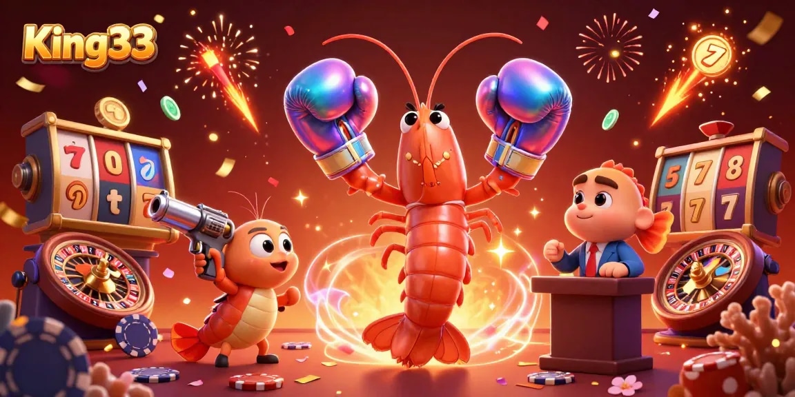 Experience thrilling gameplay at King33 with dynamic shrimp characters in an exciting casino setting.