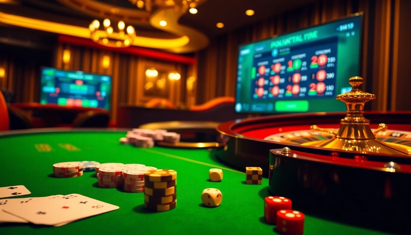 Cena de jogos empolgante com um guia completo de cassino online, fichas de pôquer e roleta girando.
