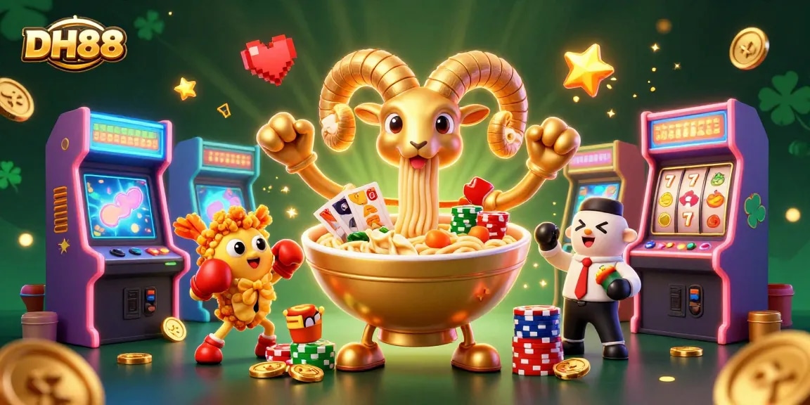 DH88 dynamic gaming scene with a giant ramen bowl character dealing cards and stacking chips.