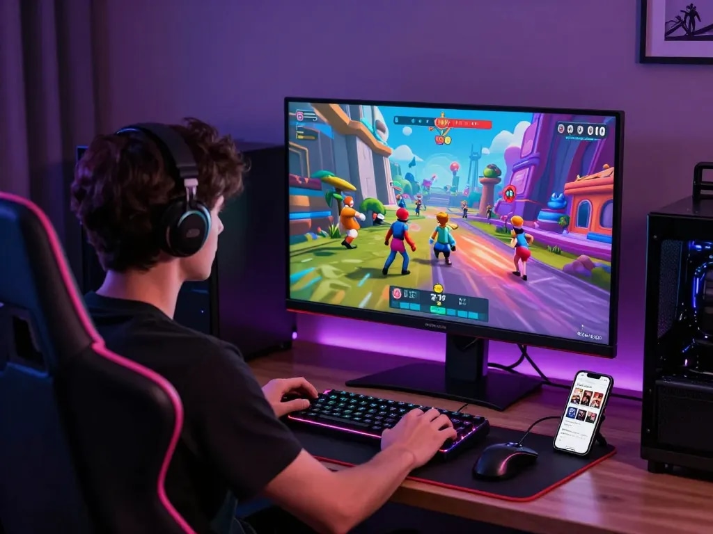 Gamer enjoying free porn games on a vibrant 3D screen in an immersive gaming setup.