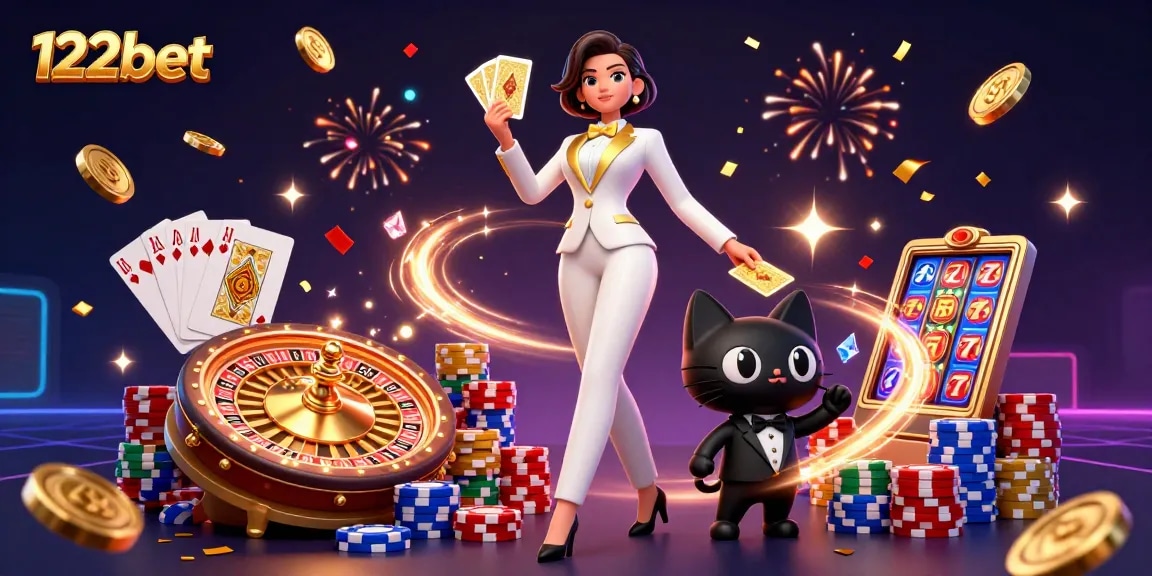 Experimente o emocionante mundo do cassino 122bet com um dealer glamouroso e elementos de jogabilidade vibrantes.