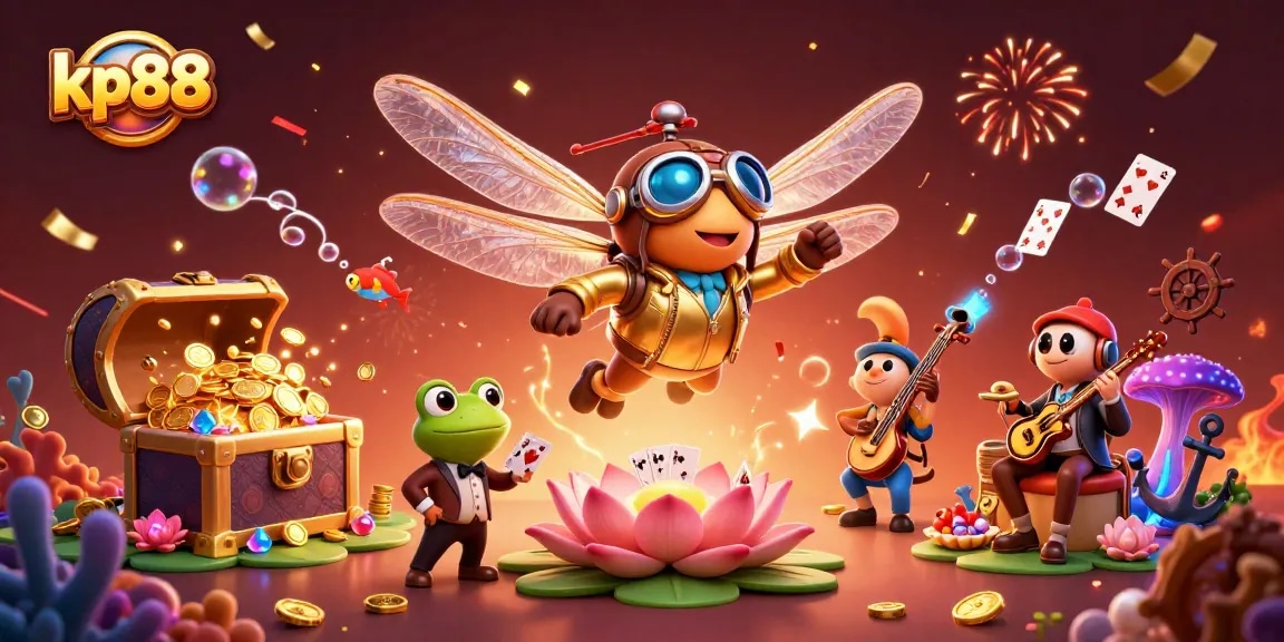Kp88 offers thrilling gaming with a vibrant 3D scene of a dragonfly pilot and frog croupier.
