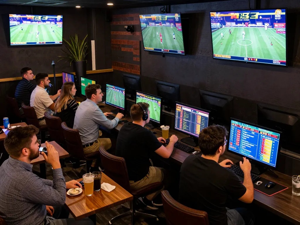 X333 sports betting enthusiasts engaging in live wagering with multiple screens displaying real-time odds in an upscale bar atmosphere.