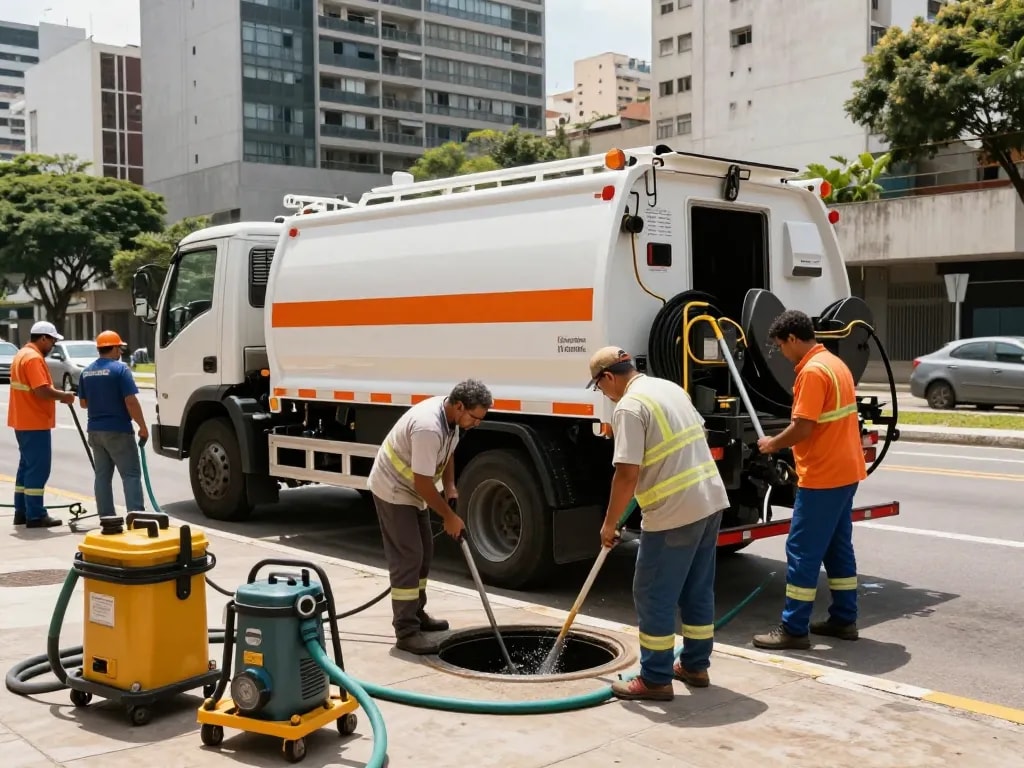 Limpa fossa em São Paulo with professional technicians using advanced equipment on a sunny day.