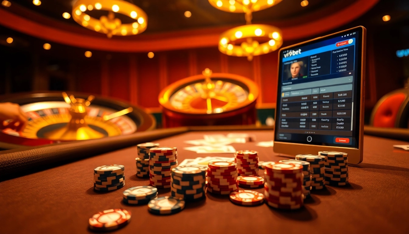 Experience the thrill of v9 bet with a luxurious casino scene featuring poker tables and roulette.