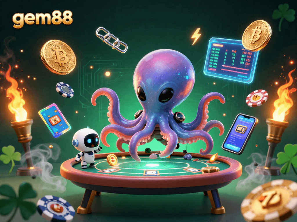 Experience gaming action at gem88 with a lively octopus and robot at a holographic poker table.