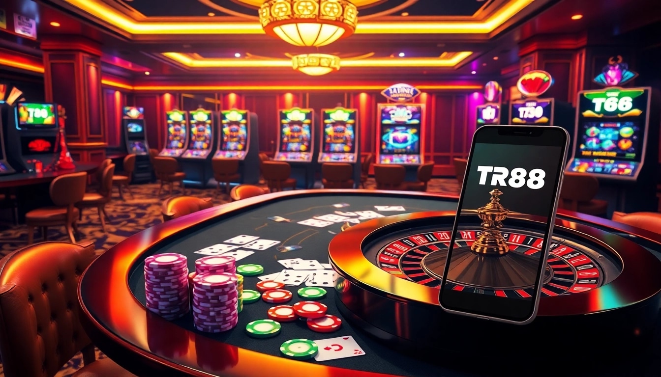 Experience the thrill of TR88 with a vibrant casino scene featuring poker chips and a roulette wheel.