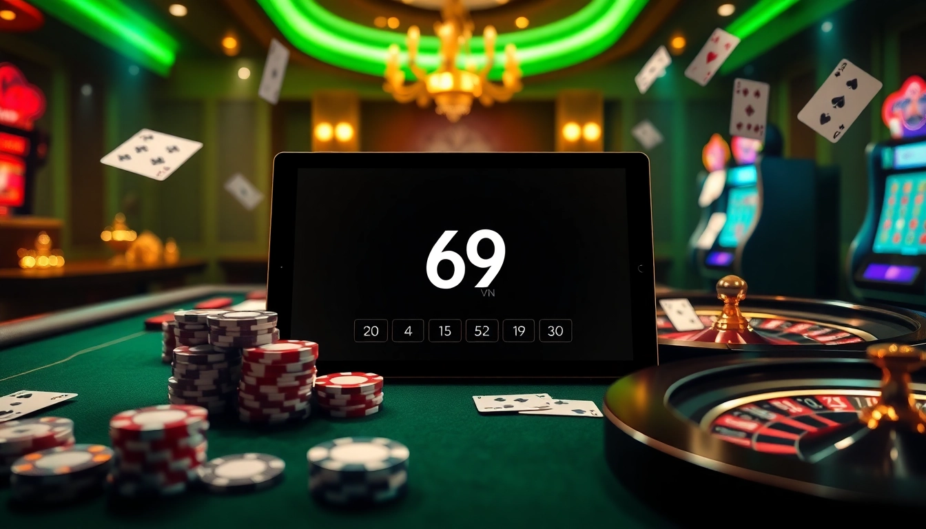 The thrilling gaming experience at 69 VN, showcasing an elegant online casino interface with poker chips and cards.