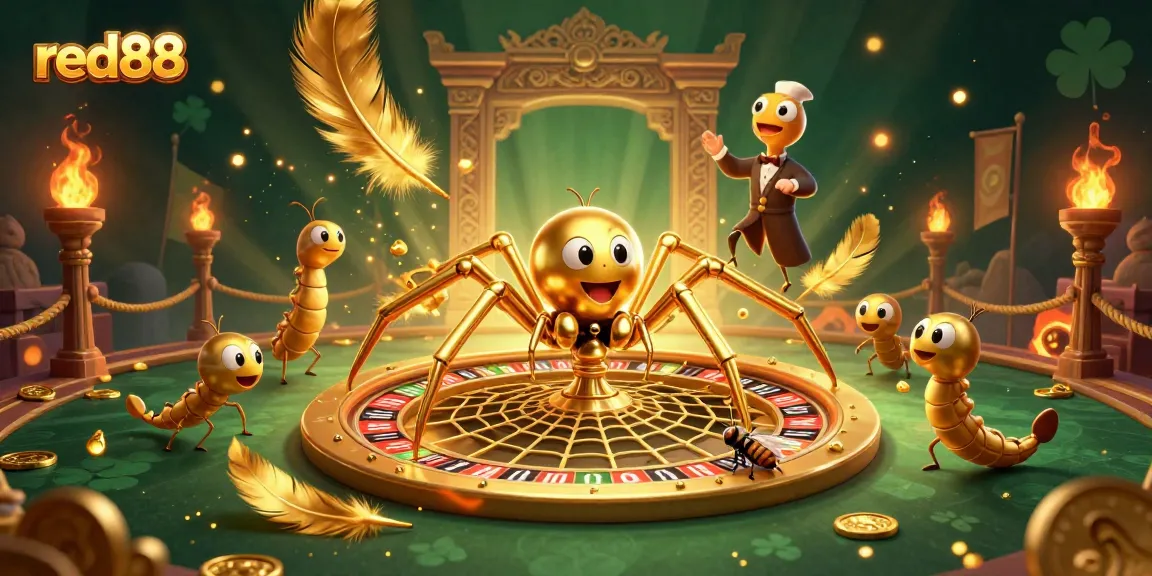 Engage in thrilling bets at red88's roulette wheel with a golden spider croupier and vibrant casino elements.