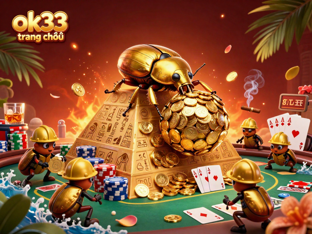 Experience the thrill of ok33 trang chủ with a vibrant scene featuring a golden beetle and poker elements.