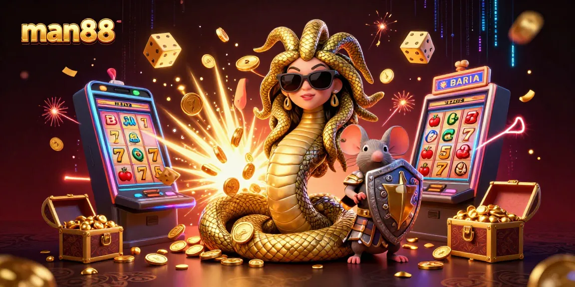 Spin and win with man88 at a vibrant casino scene featuring Medusa, slot machines, and gold coins.