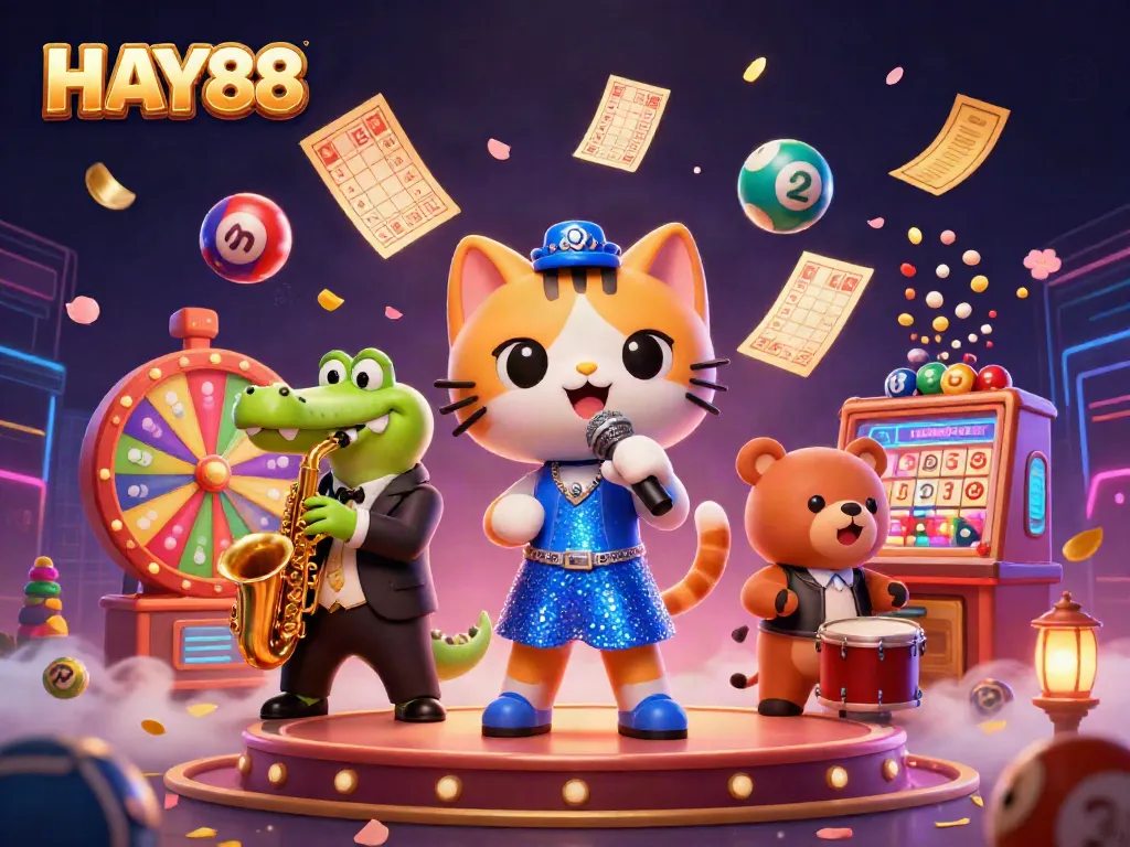 Engage in vibrant gaming action with HAY88, featuring a lively casino scene of characters amidst colorful lottery elements.