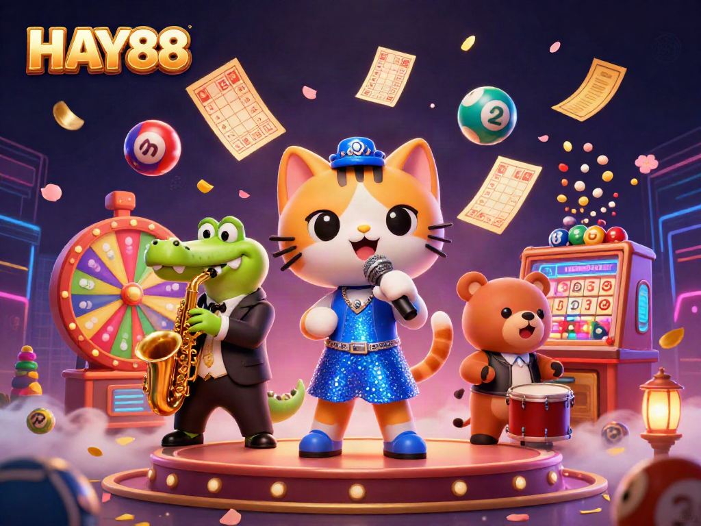 Engage in vibrant gaming action with HAY88, featuring a lively casino scene of characters amidst colorful lottery elements.