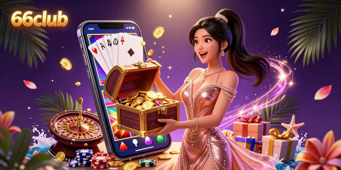 Experience thrilling wins at 66club with a joyful celebration around treasure and vibrant casino elements.