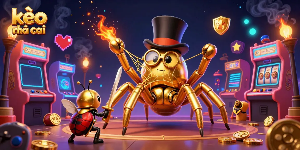 Engage with kèo nhà cái as a golden tarantula weaves fortune in a casino scene full of lively characters.