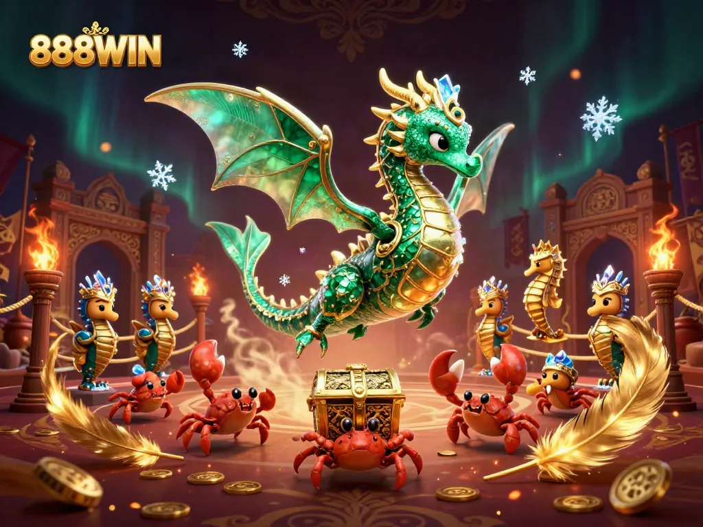 Engage with the captivating 888WIN sea dragon scene, rich in gambling themes and vibrant details.