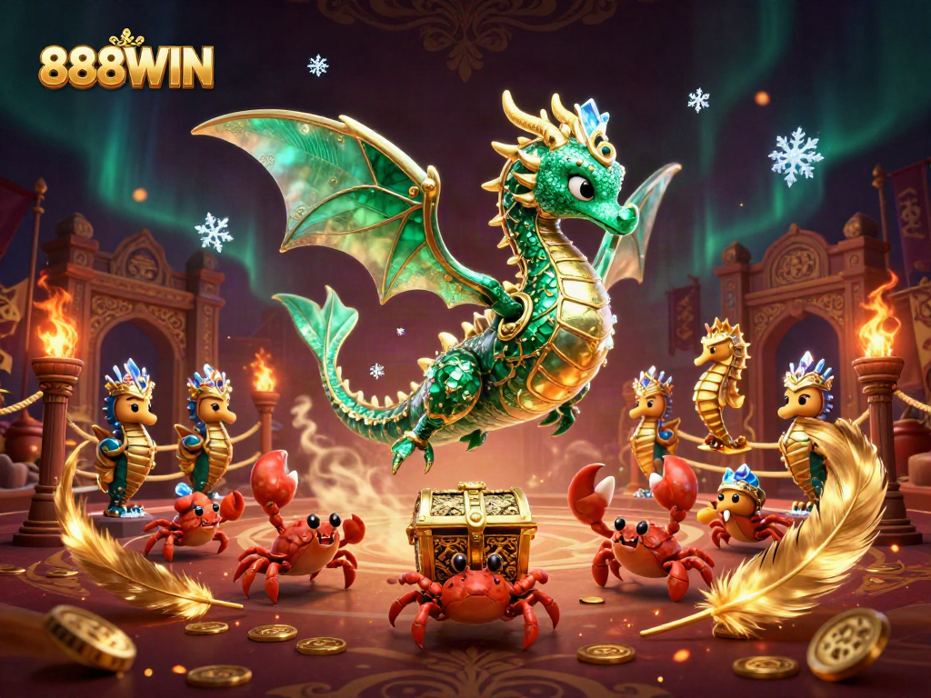 Engage with the captivating 888WIN sea dragon scene, rich in gambling themes and vibrant details.