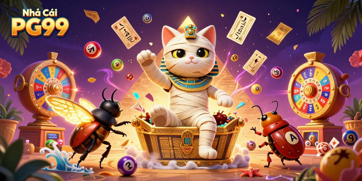 Engaging scene of the gambling platform Nhà Cái PG99 featuring a lively Egyptian mummy cat and vibrant game elements.