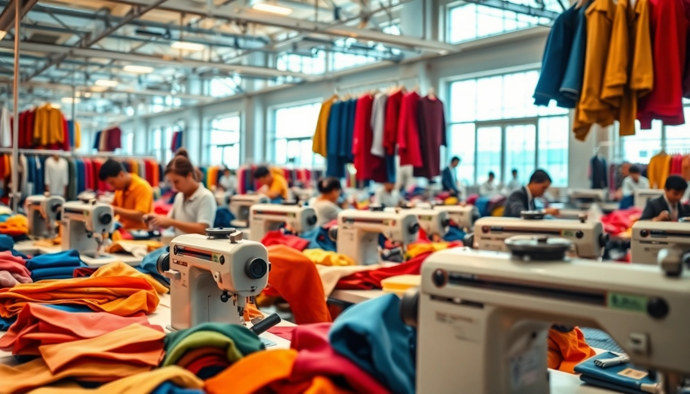 Creating quality attire at a Clothes Factory China, showcasing skilled artisans and vibrant fabrics.