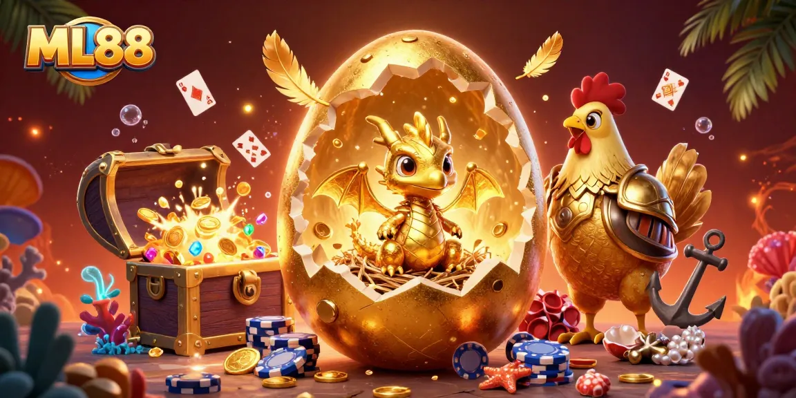 Experience the thrill of ML88's golden gaming adventure with dazzling visuals of a dragon and poker chips.