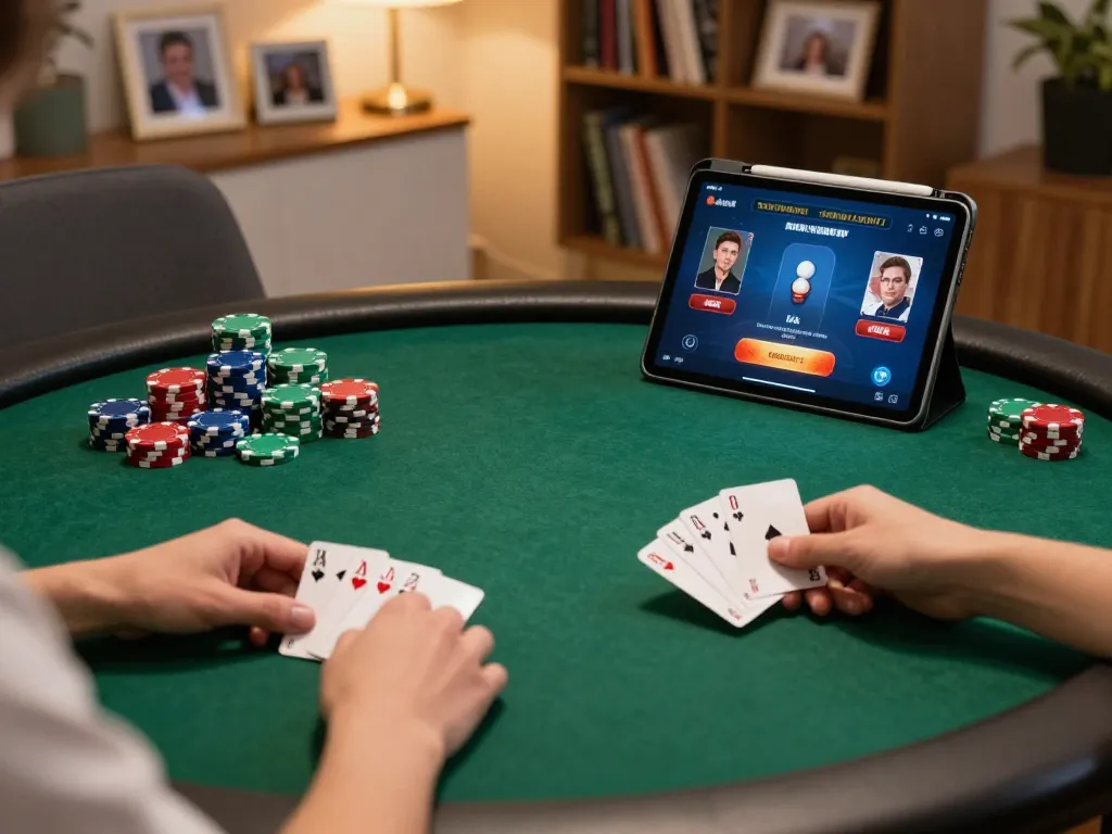 Player engaging with 7me poker app on tablet, surrounded by a cozy home atmosphere and strategy-focused elements.