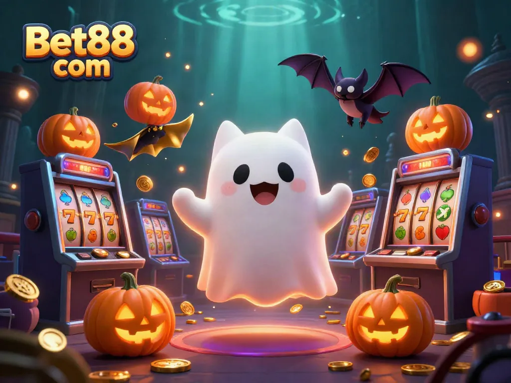 Bet88 com captivates with vibrant casino action, featuring a floating ghost cat and dazzling slot elements.
