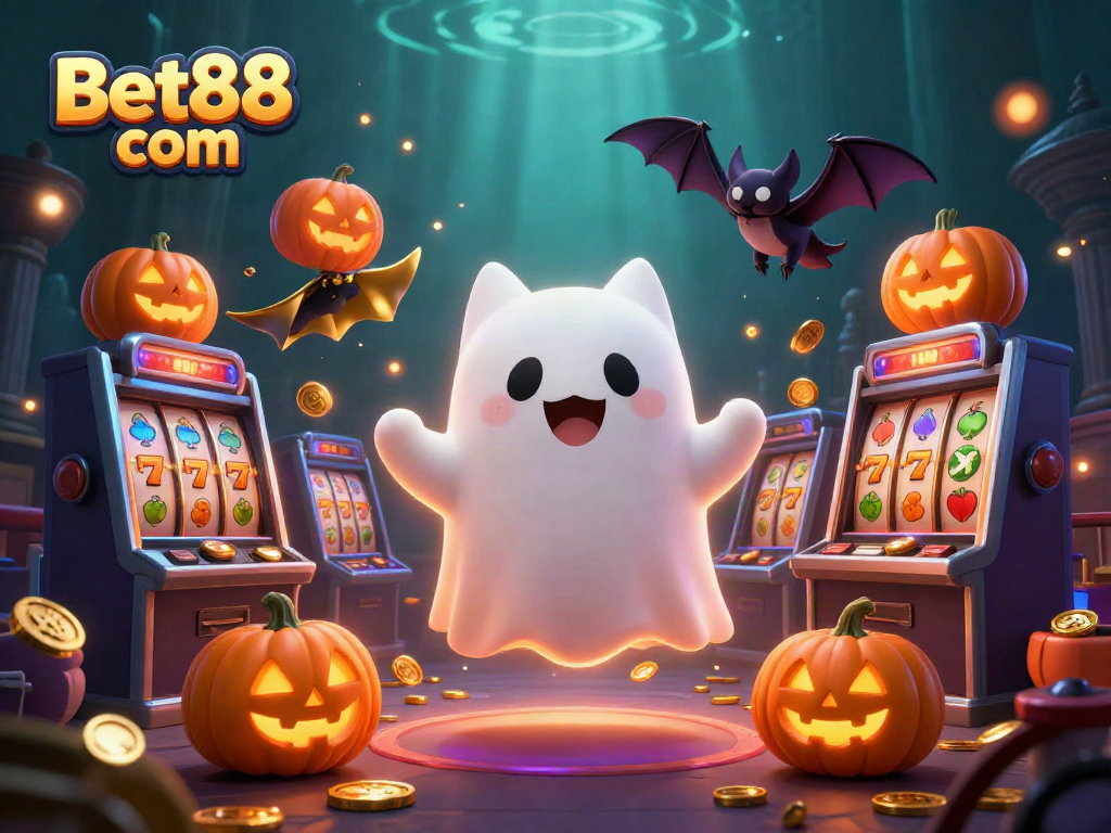 Bet88 com captivates with vibrant casino action, featuring a floating ghost cat and dazzling slot elements.