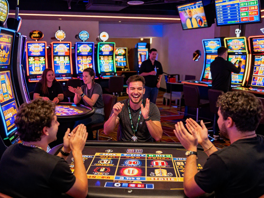 Jogadores em um cassino da spbet celebrando vitórias com luzes brilhantes e atmosfera vibrante.